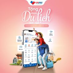 an advertisement featuring two people on their cell phones with the caption'taig du lich bat nao '