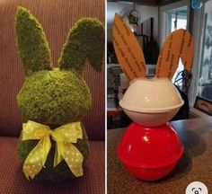 two pictures one has an egg in the shape of a bunny and the other has a fake rabbit's head
