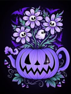 a purple pumpkin with flowers and skulls on it's face, sitting in front of a black background
