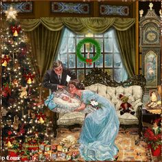 a painting of a man and woman laying on a couch in front of a christmas tree