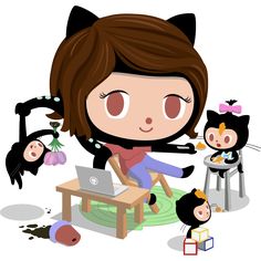 a woman sitting in front of a laptop computer surrounded by cats and kittens on the floor