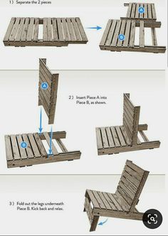 instructions to build a pallet lounge chair out of old wooden planks and boards