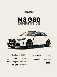 the bmw m8 g80 competition car is shown in this advertisement