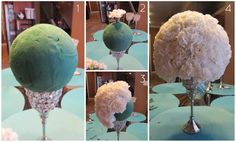 four pictures showing how to make a flower arrangement in a wine goblet with white flowers