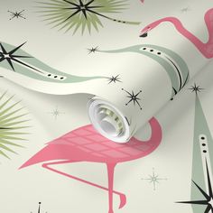a pink flamingo wallpaper with stars and palm trees on the back drop down