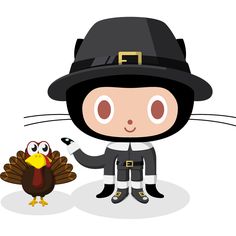 a cartoon character dressed as a pilgrim with a turkey