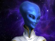 a blue alien is standing in front of a purple background with stars and the sky