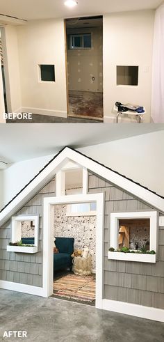 before and after pictures of a dog house in the process of remodeling