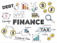 the words finance drawn on a whiteboard with various financial symbols and graphs around it
