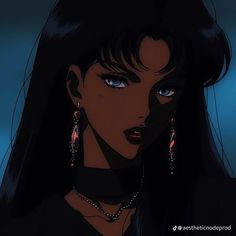 an animated image of a woman with blue eyes and long black hair, wearing large earrings
