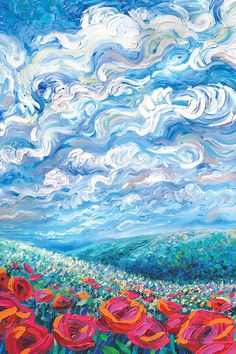 a painting of red poppies in a field with blue sky and clouds above them