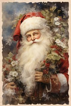 a painting of santa claus holding flowers in his hand