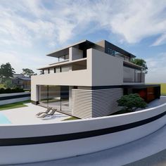 an artistic rendering of a modern house with pool in the foreground and lawn chairs on the other side