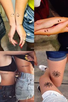 four different pictures of people with tattoos on their legs and ankles, one is holding the other