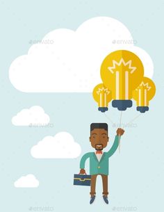 african businessman flying with balloons in the sky - people characters
