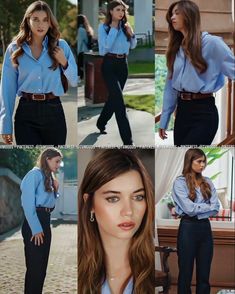 a collage of photos of a woman in blue shirt and black pants with her hands on her hips