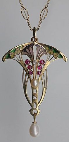 An Art Nouveau gold, plique-à-jour enamel, ruby and diamond pendant, probably Belgian, circa 1900. #ArtNouveau #pendant Fimo, Art Nouveau Pendant