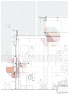 an architectural drawing shows the inside of a building with multiple levels and different colored sections