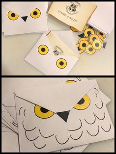 an owl made out of white paper with yellow eyes