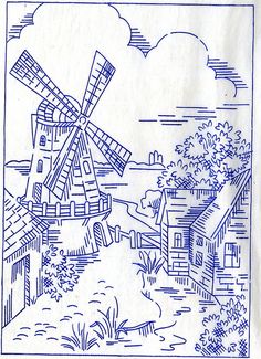 a drawing of a windmill in the middle of a rural area with houses and trees