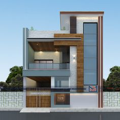 an architectural rendering of a modern house with wood and glass accents on the front wall