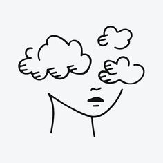 a black and white drawing of a woman's face with clouds above her head