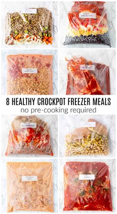 the 8 healthy crockpot freeze meals are packed in plastic bags and ready to be eaten