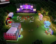 an aerial view of a stage set up with lights and booths for people to sit on