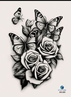 roses and butterflies tattoo design on white paper