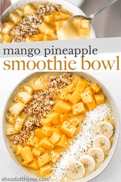 mango pineapple smoothie bowl with banana slices and granola in the middle, on a white counter top