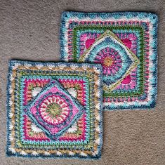 two square crocheted rugs sitting on top of a carpeted floor next to each other