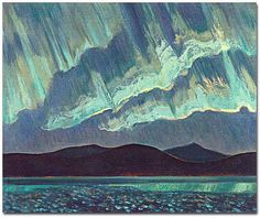an oil painting of the aurora bore over water with mountains and clouds in the background