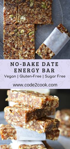 no - bake date energy bar is stacked on top of each other