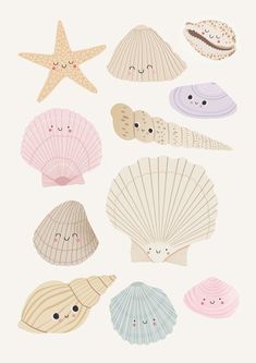 seashells and starfish with faces drawn on them in pastel colors, including pink