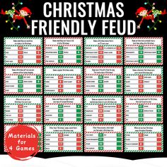 the christmas friendly game is shown in red, green and white with words on it