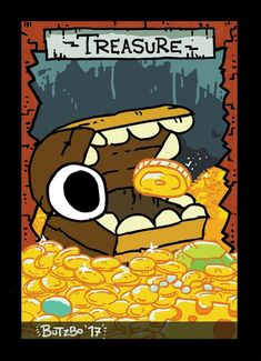 an image of a cartoon character in front of some gold coins and a sign that says,