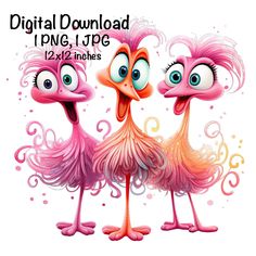 two pink flamingos with big eyes and curly hair are standing next to each other