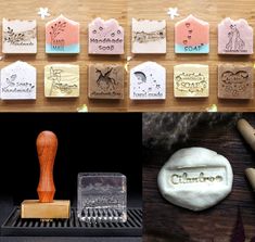 several different types of soaps and stamps on a wooden surface, including one with a rubber stamp