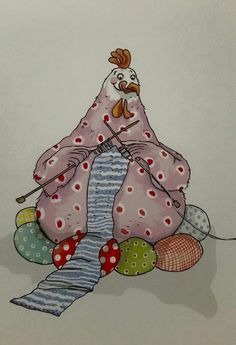 a drawing of a chicken sitting on top of pillows