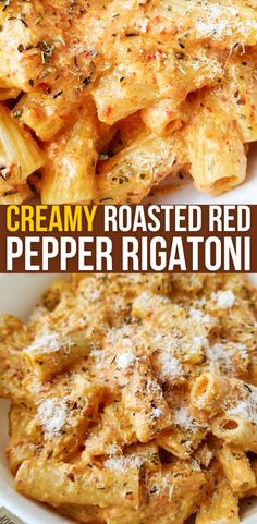 creamy roasted red pepper rigatoni pasta with parmesan cheese