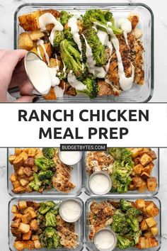 ranch chicken meal prepped in a clear container with dressing on the side and broccoli being drizzled over