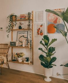 a living room filled with plants and pictures on the wall next to a wooden chair