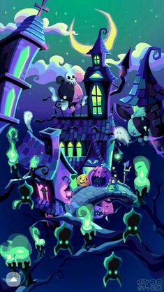 a cartoon castle with lots of spooky creatures around it