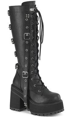 The ultimate biker boots! A heap of buckles and studs flank these boots, a step up on yer regular punk kicks! Black PU Vegan 4 3/4 inch heel 2 1/4 inch platform Inside Metal Zip Closure Knee High Boots Hanging Strap & Back Buckle Ornaments U.S women's sizing-refer to size chart for more info - these run smaller than the Shaker series if in doubt size up. Gothic, Knee High Leather Boots, Demonia Boots, Knee High Boots, Demonia Shoes, Punk Boots, Shoe Boots, Knee High, Gothic Boots