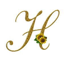 the letter h is made up of gold glitter and has a sunflower on it