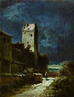 a painting of a castle with a person walking down the road