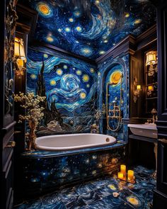 the bathroom is decorated in blue and has stars painted on the walls, while candles are lit