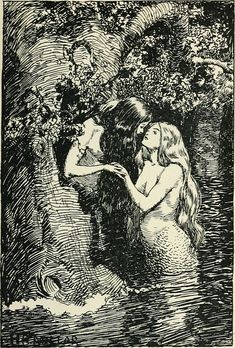 an old book with a mermaid and a man in the water