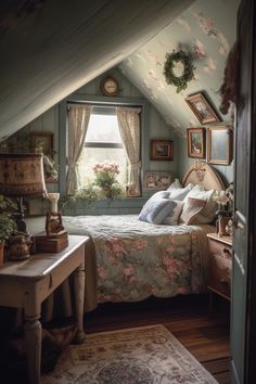 an attic bedroom with a bed, dresser and window in it's side wall