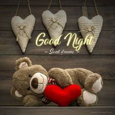 a teddy bear holding a red heart in front of three hanging hearts that say good night